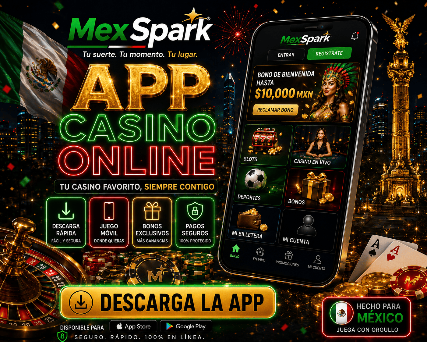 MexSpark - visual principal de la app móvil Escena de app móvil de MexSpark con teléfono Android, monedas y elementos de interfaz de juego