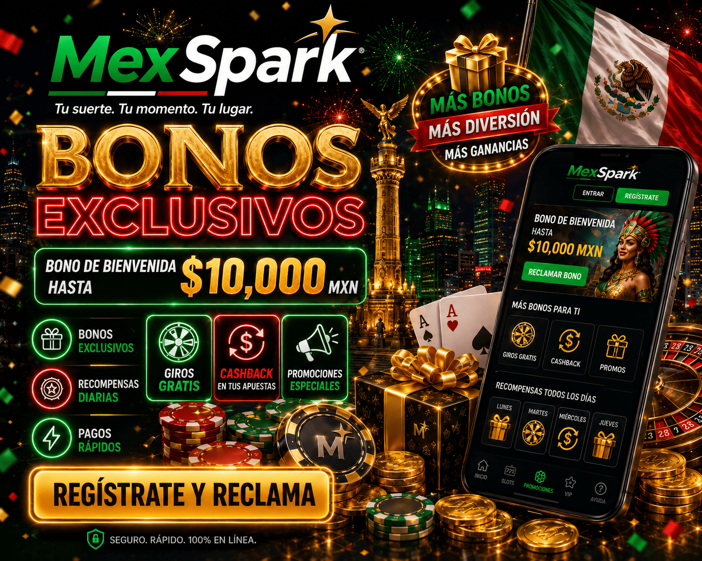 MexSpark - recompensas y ofertas de bonos Escena de bonos de MexSpark con cajas de regalo, monedas y elementos de oferta promocional